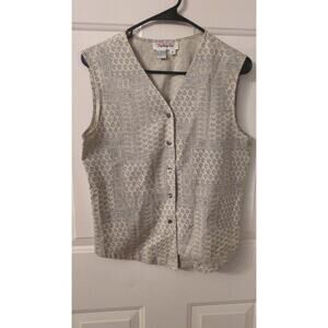 Talbots Pure Silk Button Down Vest, Size 8, Floral Blue & Cream, Artsy, Boho VTG